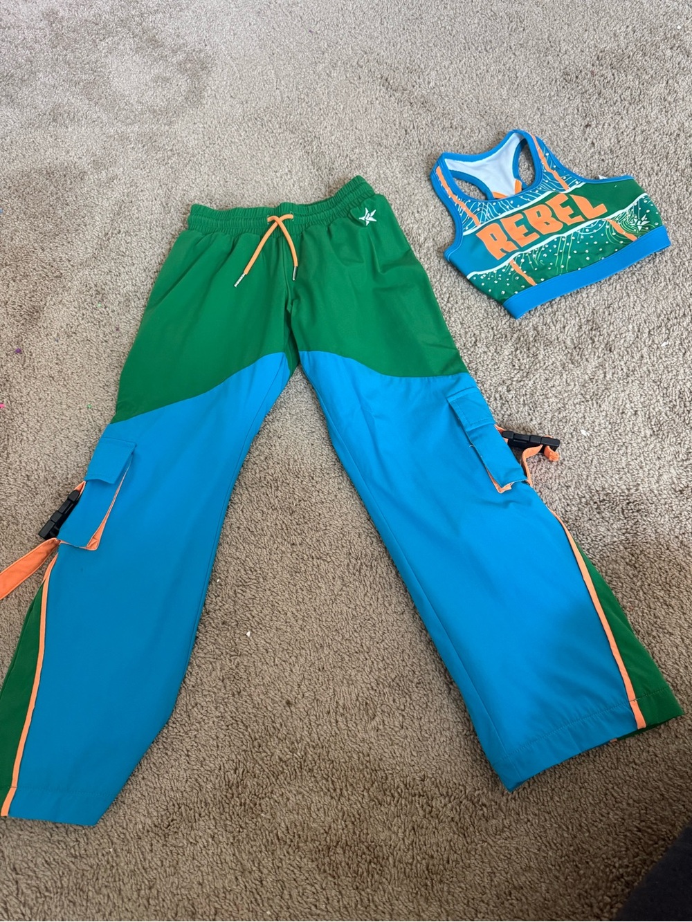 Kids Green & Blue Colorblock Joggers with Orange Drawcord - Unbranded